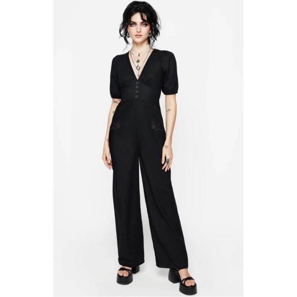 Disturbia Jumpsuit Women’s 2 Briar Embroidered Wide Leg Puff Sleeve Linen Blend